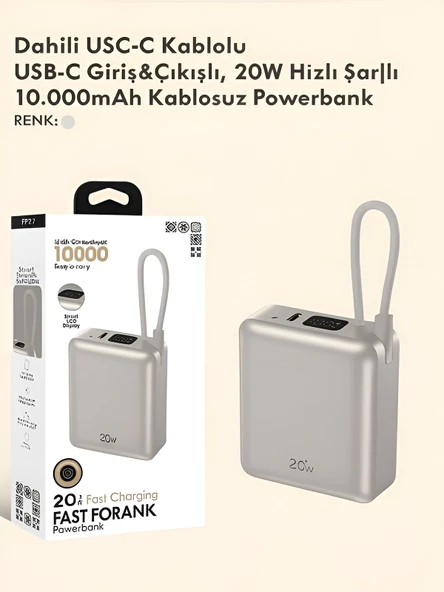 20W Hızlı Şarj Powerbank 10000mAh LCD Ekranlı, Dahili Type-C Girişli Kablolu Taşınabilir Şarj - Resim 5