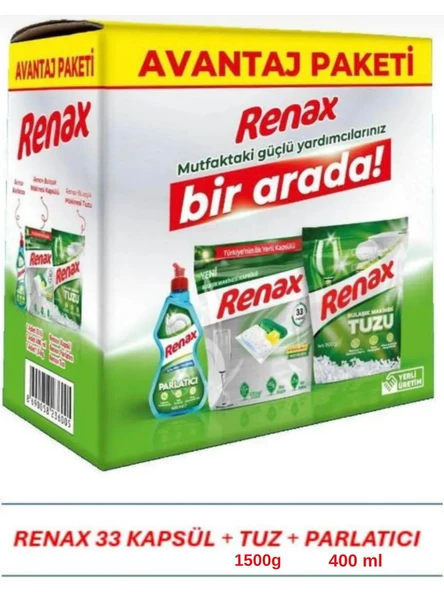 Renax Avantajlı Paket 3 lü Set Bulaşık Makinesi Kapsülü 33 Lü Tuzu 1,5 Kg Parlatıcı 400 Ml ürün görseli
