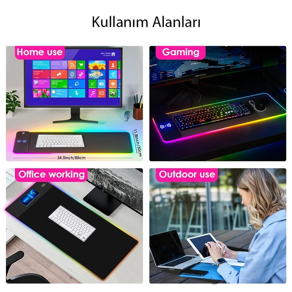PM-25115 XL RGB GAMİNG MOUSE PAD WIRELESS TELEFON ŞARJ DESTEKLİ 14 MODLU 300X800X4MM - 5