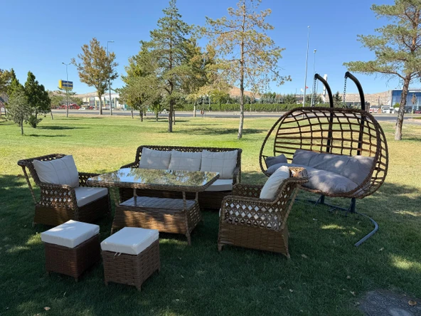 Ayaz 7 Kişilik Rattan Bahçe Oturma Grubu  3+1+1 Koltuk, Cam Masa Ve 2 Puf Hediyeli - 3