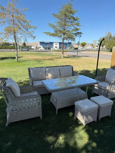 Ayaz 7 Kişilik Rattan Bahçe Oturma Grubu  3+1+1 Koltuk, Cam Masa Ve 2 Puf Hediyeli - 2