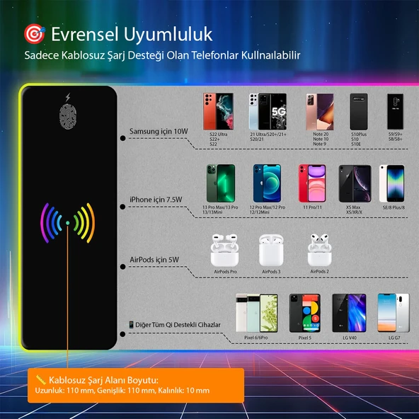 PM-25115 XL RGB GAMİNG MOUSE PAD WIRELESS TELEFON ŞARJ DESTEKLİ 14 MODLU 300X800X4MM - 3