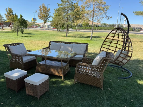 Ayaz 7 Kişilik Rattan Bahçe Oturma Grubu  3+1+1 Koltuk, Cam Masa Ve 2 Puf Hediyeli Salincakli - 3