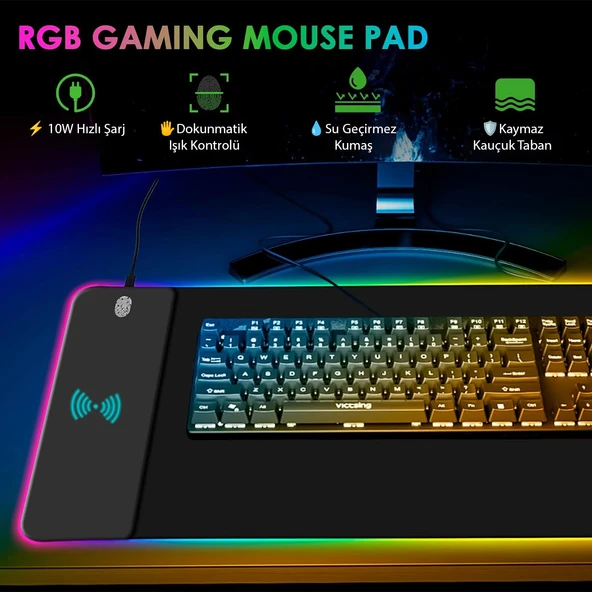 PM-25115 XL RGB GAMİNG MOUSE PAD WIRELESS TELEFON ŞARJ DESTEKLİ 14 MODLU 300X800X4MM - 2