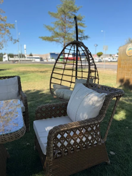 Ayaz 7 Kişilik Rattan Bahçe Oturma Grubu  3+1+1 Koltuk, Cam Masa Ve 2 Puf Hediyeli Salincakli - 4