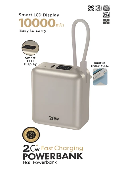 20W Hızlı Şarj Powerbank 10000mAh LCD Ekranlı, Dahili Type-C Girişli Kablolu Taşınabilir Şarj ürün görseli 1