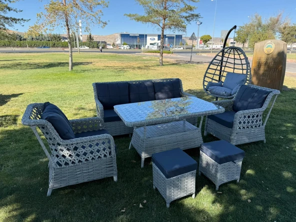 Ayaz 7 Kişilik Rattan Bahçe Oturma Grubu  3+1+1 Koltuk, Cam Masa Ve 2 Puf Hediyeli Salincakli