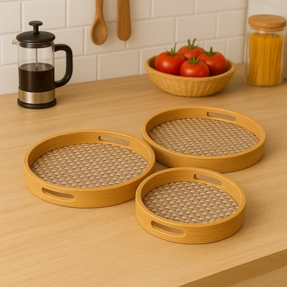Dekorasyaa Yuvarlak Bambu Tepsi 3'lü Set - 25x30x35 - 3