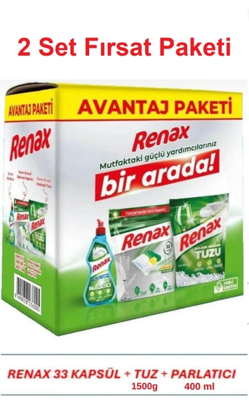 Renax Avantajlı Paket 3 lü Set Bulaşık Makinesi Kapsülü 33 Lü Tuzu 1,5 Kg Parlatıcı 400 Ml x 2 Set ürün görseli