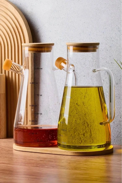 Dekorasyaa 2'li Cam Bambu Kapaklı Tepsili Yağdanlık 900ml - 1