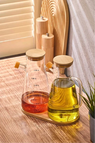 Dekorasyaa 2'li Cam Bambu Kapaklı Tepsili Yağdanlık 900ml - 2