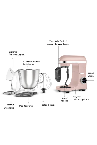 Karaca Mastermaid Chef Ultra D2000W Dijital Ekranlı Hamur Yoğurma Makinesi Rosegold 7L - Resim 3