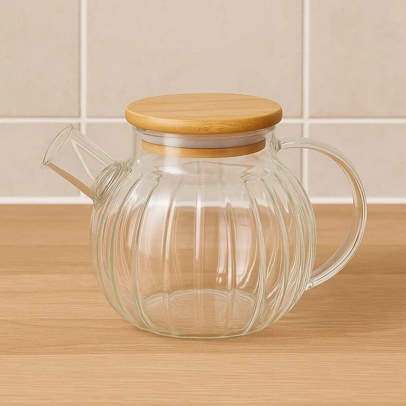 Dekorasyaa Isıya Dayanıklı Süzgeçli Cam Bambu Demlik 1000ml - 2