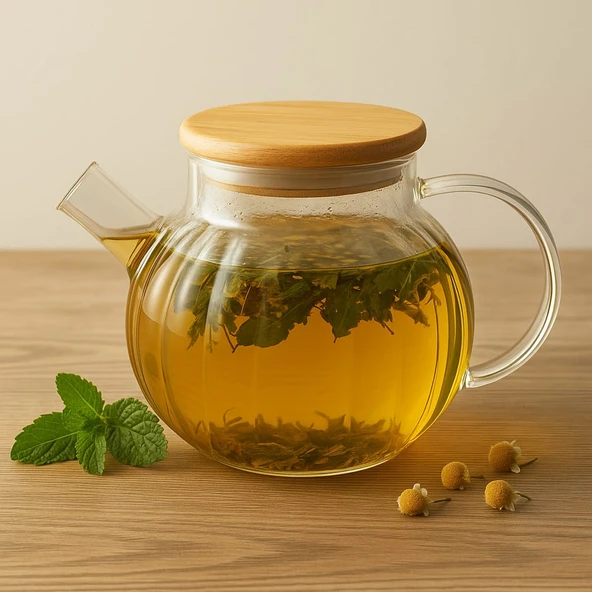 Dekorasyaa Isıya Dayanıklı Süzgeçli Cam Bambu Demlik 1000ml - 1