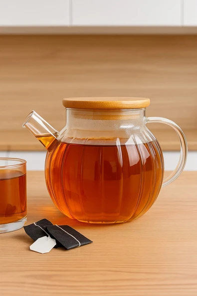 Dekorasyaa Isıya Dayanıklı Süzgeçli Cam Bambu Demlik 1000ml - 5