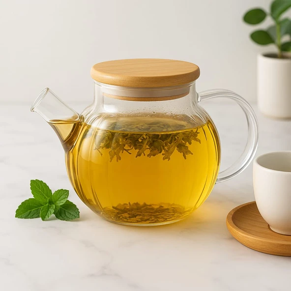 Dekorasyaa Isıya Dayanıklı Süzgeçli Cam Bambu Demlik 1000ml - 6