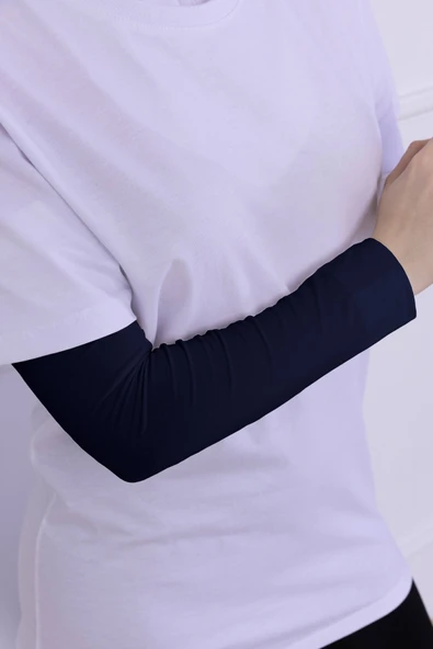 Loggia Likralı Penye Kolluk Lacivert - Pratik Kadın Tesettür Düz Namaz Kolluğu 1 Çift 40cm Viskon Hijab - Resim 6