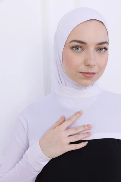 Loggia Balıkçı Yaka Boyunluklu Kolluk Beyaz - Likralı Dik Yakalı Kadın Body Tesettür Crop Bolero - Resim 5