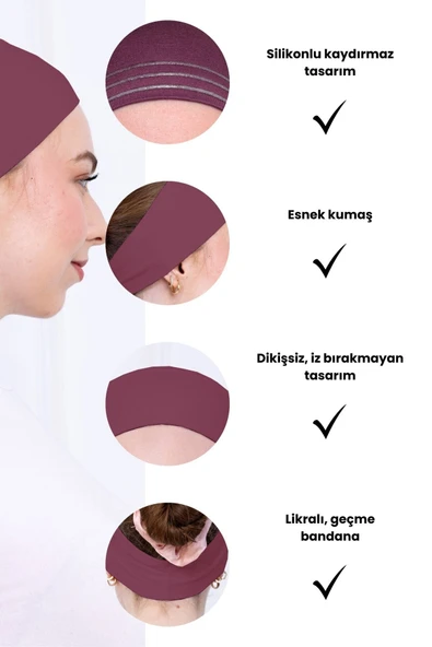 Loggia Kaymayan Silikonlu Bandana Bone - Sportif Saç Bandı-Gül Kurusu - 3