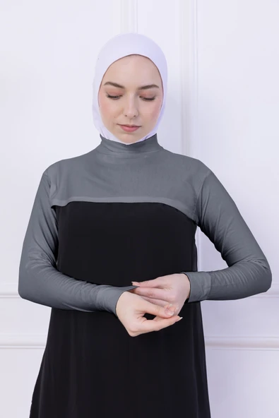 Loggia Balıkçı Yaka Boyunluklu Kolluk Açık Gri - Likralı Dik Yakalı Kadın Body Tesettür Crop Bolero - Resim 5