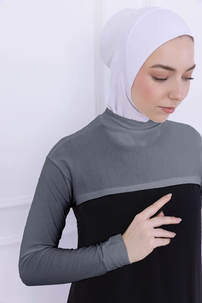 Loggia Balıkçı Yaka Boyunluklu Kolluk Açık Gri - Likralı Dik Yakalı Kadın Body Tesettür Crop Bolero - Resim 3