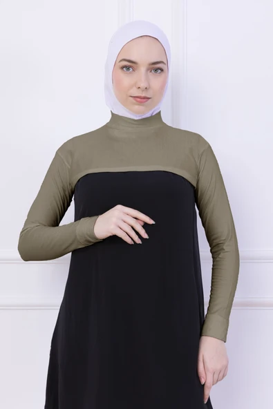 Loggia Balıkçı Yaka Boyunluklu Kolluk Açık Yeşil - Likralı Dik Yakalı Kadın Body Tesettür Crop Bolero - Resim 2