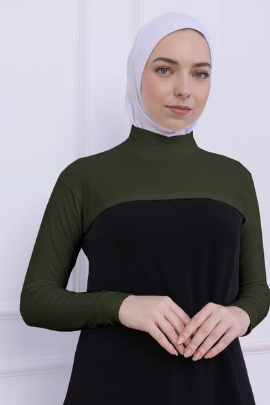 Loggia Balıkçı Yaka Boyunluklu Kolluk Haki Yeşil - Likralı Dik Yakalı Kadın Body Tesettür Crop Bolero - Resim 4