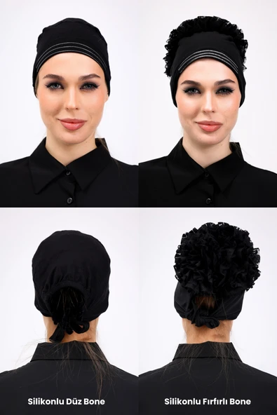 Loggia 2li Siyah Kaymaz Fırfırlı ve Düz Silikonlu Bone Seti - Kadın Tesettür İç Bone ürün görseli