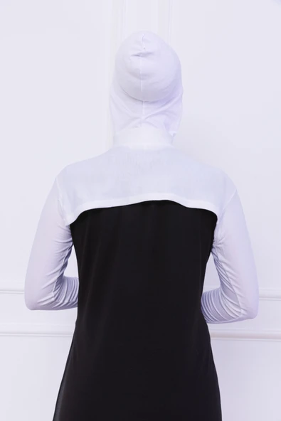 Loggia Balıkçı Yaka Boyunluklu Kolluk Beyaz - Likralı Dik Yakalı Kadın Body Tesettür Crop Bolero - Resim 6