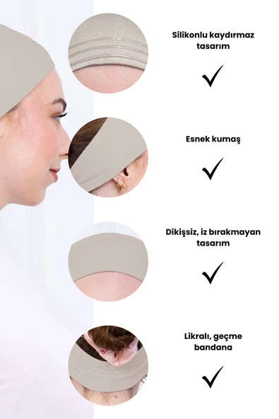 Loggia Kaymayan Silikonlu Bandana Bone - Sportif Saç Bandı-Bej - Resim 3