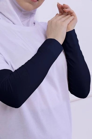 Loggia Likralı Penye Kolluk Lacivert - Pratik Kadın Tesettür Düz Namaz Kolluğu 1 Çift 40cm Viskon Hijab - Resim 4