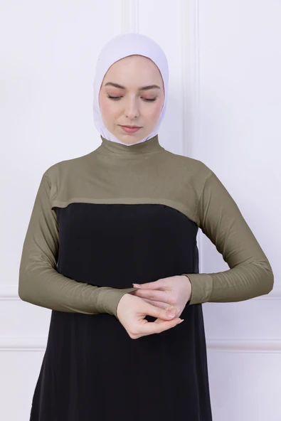 Loggia Balıkçı Yaka Boyunluklu Kolluk Açık Yeşil - Likralı Dik Yakalı Kadın Body Tesettür Crop Bolero - Resim 5