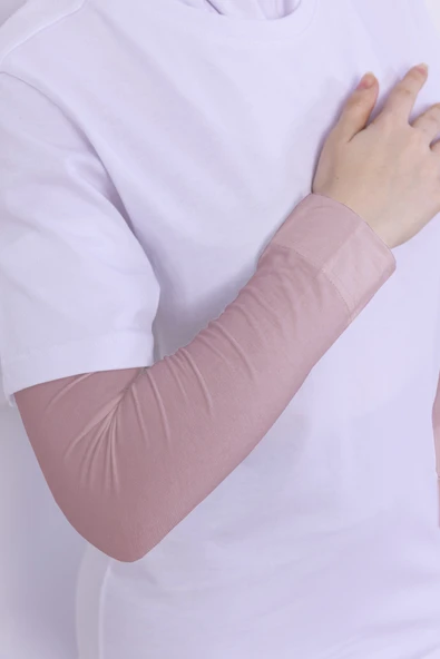 Loggia Likralı Penye Kolluk Pudra - Pratik Kadın Tesettür Düz Namaz Kolluğu 1 Çift 40cm Viskon Hijab - Resim 3