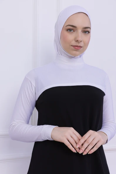 Loggia Balıkçı Yaka Boyunluklu Kolluk Beyaz - Likralı Dik Yakalı Kadın Body Tesettür Crop Bolero - Resim 4
