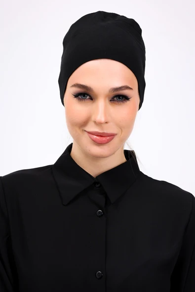 Loggia 6lı Siyah Tesettür Seti - Topuz Tokası, Eşarp Bandı, Klips, İç Başörtüsü, Düz Bone, Fırfırlı Bone - Resim 4