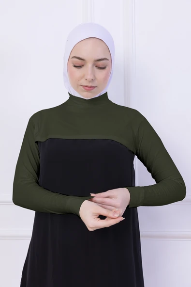 Loggia Balıkçı Yaka Boyunluklu Kolluk Haki Yeşil - Likralı Dik Yakalı Kadın Body Tesettür Crop Bolero - Resim 5