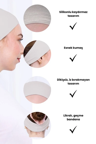 Loggia Kaymayan Silikonlu Bandana Bone - Sportif Saç Bandı-Açık Bej - 3