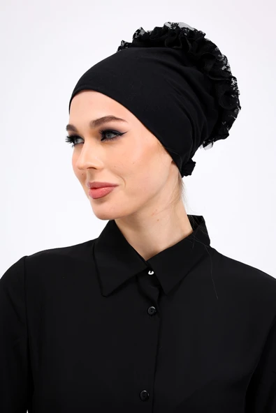 Loggia 6lı Siyah Tesettür Seti - Topuz Tokası, Eşarp Bandı, Klips, İç Başörtüsü, Düz Bone, Fırfırlı Bone - Resim 2