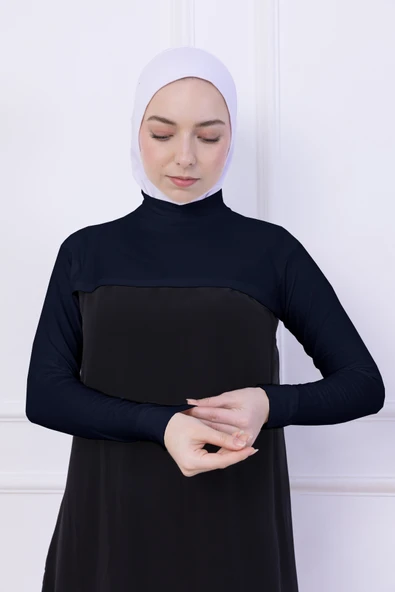 Loggia Balıkçı Yaka Boyunluklu Kolluk Lacivert - Likralı Dik Yakalı Kadın Body Tesettür Crop Bolero - Resim 5