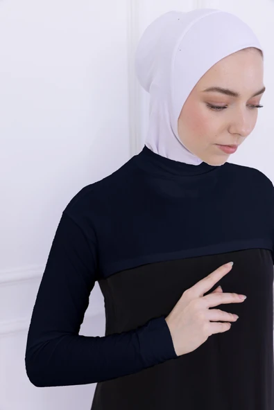 Loggia Balıkçı Yaka Boyunluklu Kolluk Lacivert - Likralı Dik Yakalı Kadın Body Tesettür Crop Bolero - Resim 3
