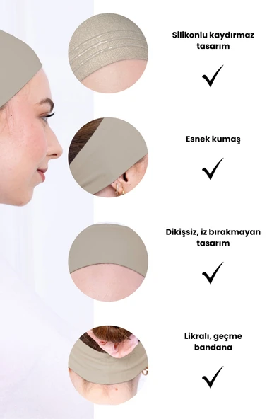 Loggia Kaymayan Silikonlu Bandana Bone Krem - Kadın Tesettür Dikişsiz Kaymaz Geçme - Sportif Saç Bandı - 3