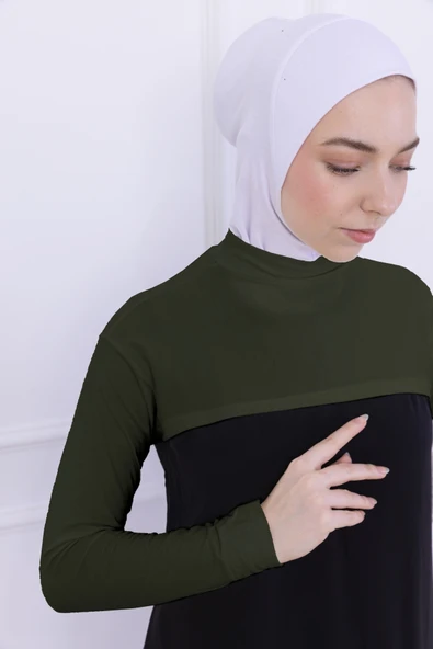 Loggia Balıkçı Yaka Boyunluklu Kolluk Haki Yeşil - Likralı Dik Yakalı Kadın Body Tesettür Crop Bolero - Resim 3