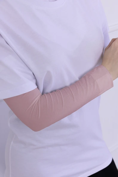 Loggia Likralı Penye Kolluk Pudra - Pratik Kadın Tesettür Düz Namaz Kolluğu 1 Çift 40cm Viskon Hijab - Resim 6