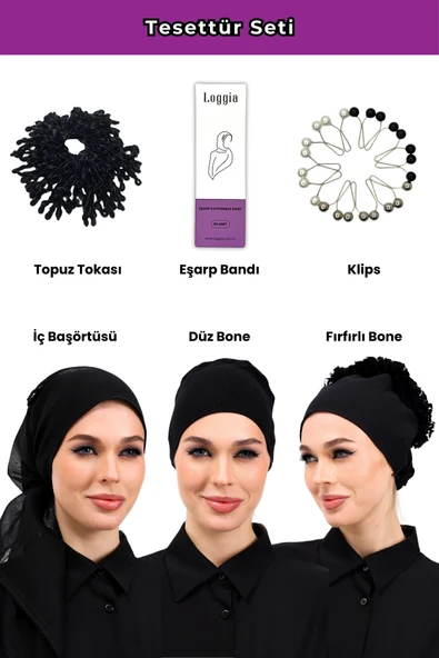 Loggia 6lı Siyah Tesettür Seti - Topuz Tokası, Eşarp Bandı, Klips, İç Başörtüsü, Düz Bone, Fırfırlı Bone ürün görseli