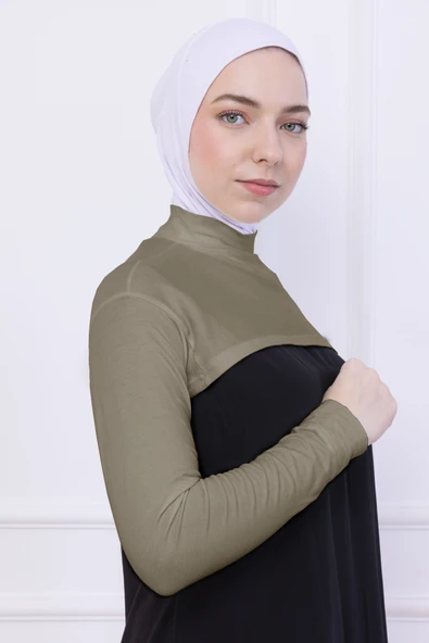 Loggia Balıkçı Yaka Boyunluklu Kolluk Açık Yeşil - Likralı Dik Yakalı Kadın Body Tesettür Crop Bolero ürün görseli