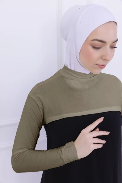 Loggia Balıkçı Yaka Boyunluklu Kolluk Açık Yeşil - Likralı Dik Yakalı Kadın Body Tesettür Crop Bolero - Resim 3