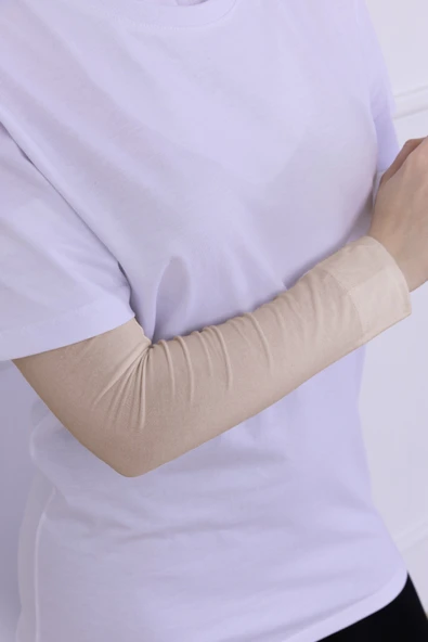 Loggia Likralı Penye Kolluk Açık Bej - Pratik Kadın Tesettür Düz Namaz Kolluğu 1 Çift 40cm Viskon Hijab - Resim 6