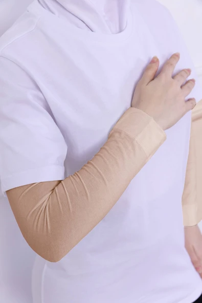 Loggia Likralı Penye Kolluk Ten Rengi - Pratik Kadın Tesettür Düz Namaz Kolluğu 1 Çift 40cm Viskon Hijab - Resim 3