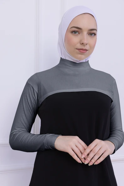 Loggia Balıkçı Yaka Boyunluklu Kolluk Açık Gri - Likralı Dik Yakalı Kadın Body Tesettür Crop Bolero - Resim 4