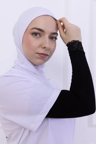 Loggia Dantel Detaylı Likralı Kolluk Siyah - Kadın Tesettür Düz Namaz Kolluğu 1 Çift 40cm Viskon Hijab ürün görseli